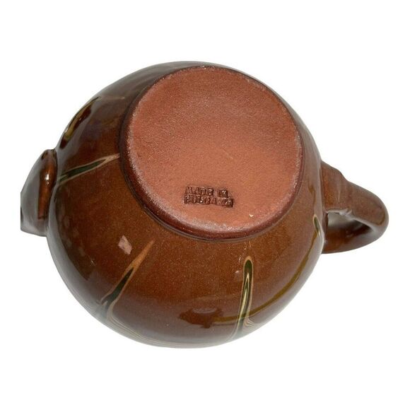 Vintage Redware Teapot Made Bulgaria Flower Fading Brown Yellow Drip Glaze READ - Picture 8 of 14
